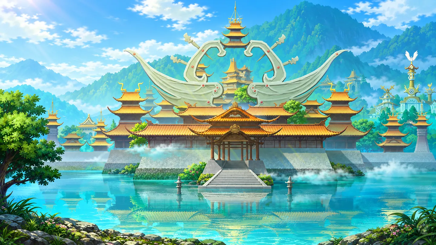 Illustration: a golden-roofed temple beside water in the City of Angels