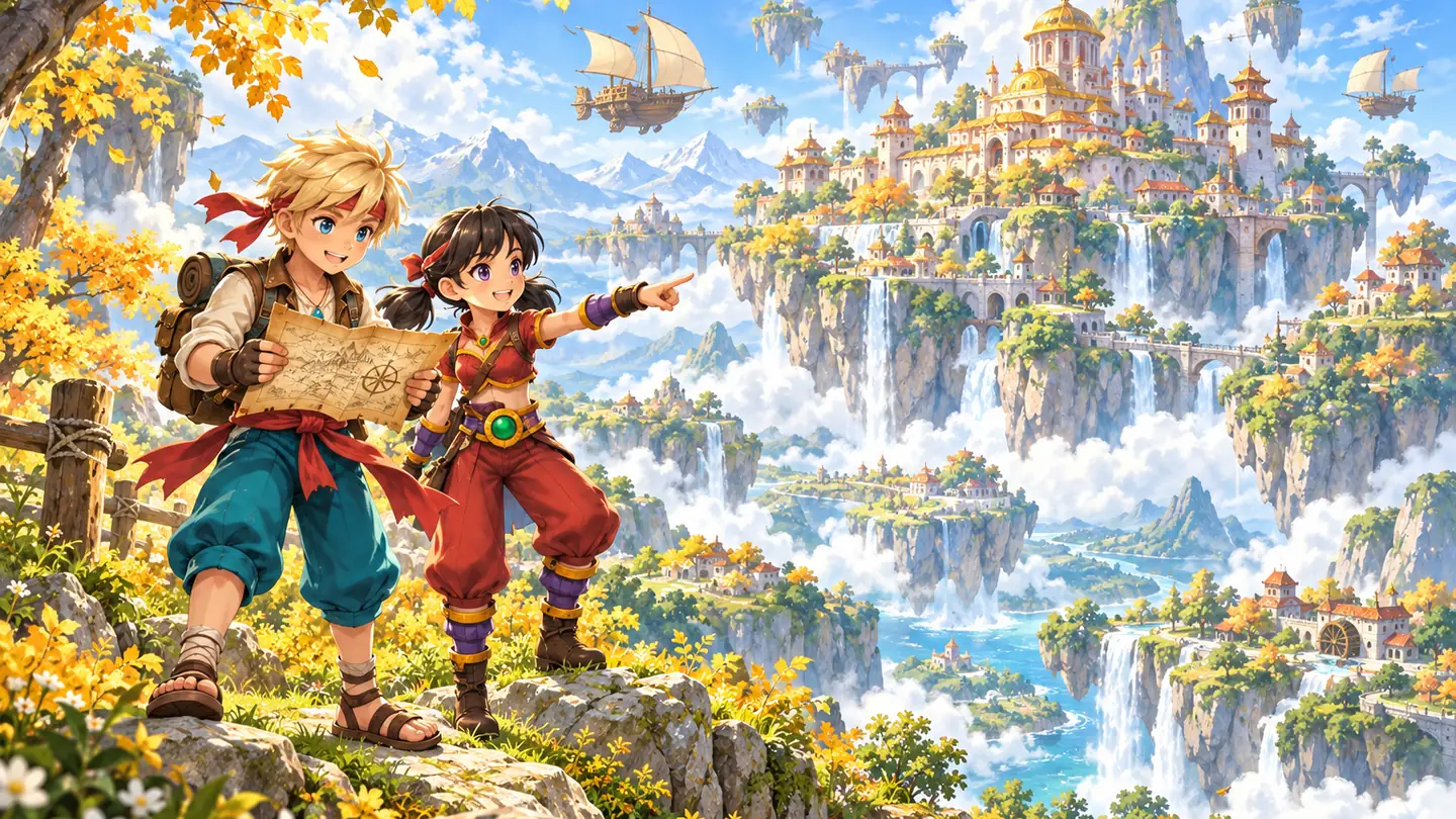 NinjaWars promotional illustration: two heroes overlook a city among floating islands.